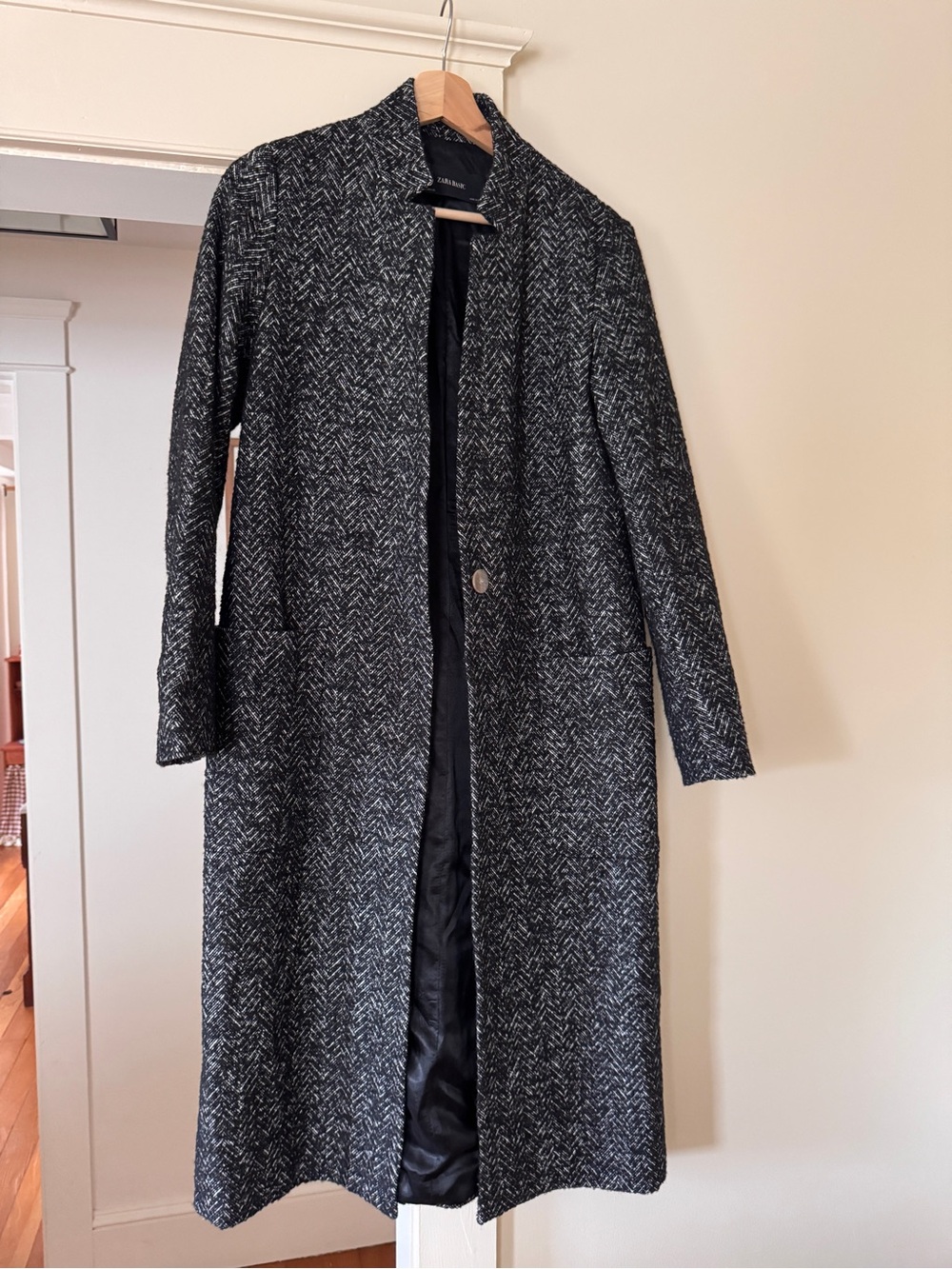 Zara Black & Gray Herringbone Long Coat